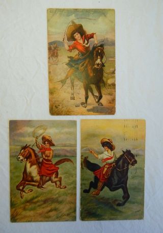 Antique Cowgirl Postcards Western Horse Lasso 1900s Wild West