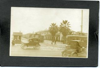 Fresno,  Ca,  Santa Fe Depot,  Train,  Trolley,  Cars,  People,  1923,  Rppc