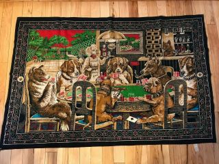 Black Felt Tapestry Dogs Playing Cards Gambling Hanging Wall Art 58 " X38 " Vintage