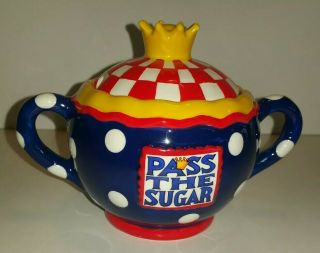 Mary Engelbreit 1999 Pass The Sugar Red/blue/white/gold Ceramic Sugar Bowl W/lid