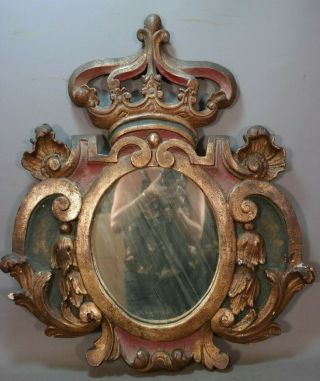 Lg Antique Art Deco Era Ploychrome Painted Kings Crown Old Plaster Wall Mirror