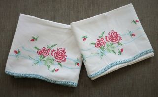 Set Of 2 Vintage Hand Embroidered Cotton Pillow Cases - Floral/rose/crochet Trim