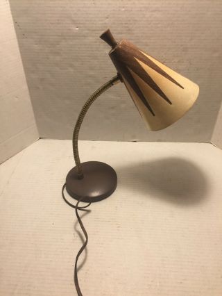 Vintage Mid Century Desk Lamp Light Fiberglass Cone Shade Atomic Faux Woodgrain