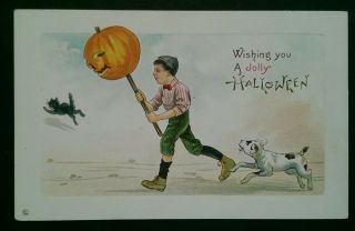 Za426 Vintahe Embossed Halloween Pc Jack - O - Lantern On Stick Black Cat Dog