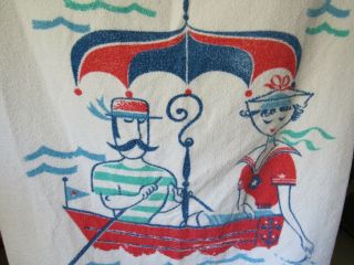 Vtg 1960s Cannon Beach Towel Terry Cloth Couple In A Sailboat