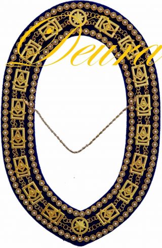 Past Master Masonic Collar DELUXE RHINESTONE BLUE Backing GOLD JEWEL Package 5