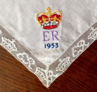 Vintage But Handkerchief Queen Elizabeth Ii Coronation 1953 Embr.  Crown