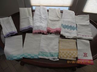 Vtg.  Huck/linen Kitchen Towels (11) Different Colors,  Crochet/ladder Work Guc