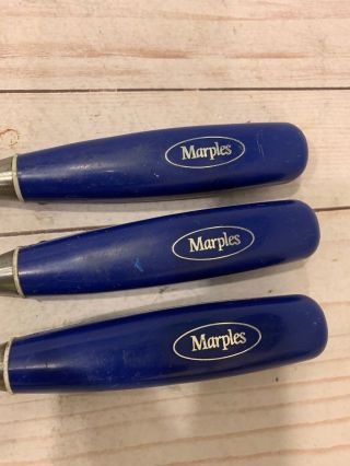 Vintage Set Of Three Marples Sheffield England Blue Handle Woodworking Chisels. 4