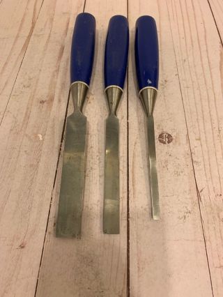 Vintage Set Of Three Marples Sheffield England Blue Handle Woodworking Chisels. 8