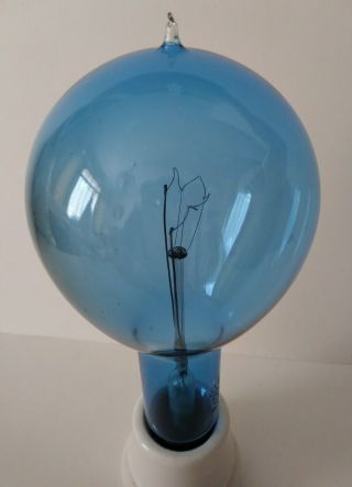 Antique National Mazda Ge Blue Glass Light Bulb In White Ge Porcelain Fixture