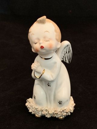 Vintage 1950s Japan Ceramic Little Boy Angel Figurine Kissing Fine Quality A
