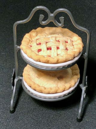 Longaberger Mini Two - Pie Server Wrought Iron Stand,  Cherry & Apple Pies W/plate