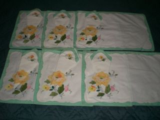 Vintage Set Of 6 Appliqued Embroidered Cloth Napkin Pocket Placemats & Napkins