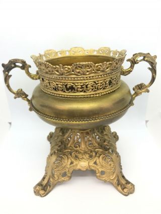 Antique Trophy Urn Center Draft Oil Lamp Base Drop In Font Ornate Roses Brass