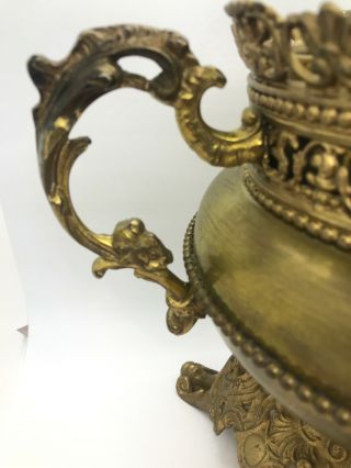 Antique Trophy Urn Center Draft Oil Lamp Base Drop In Font Ornate Roses Brass 2