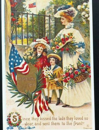 Memorial Day Vintage Patriotic Postcard Usa Flag Chapman American Woman Children