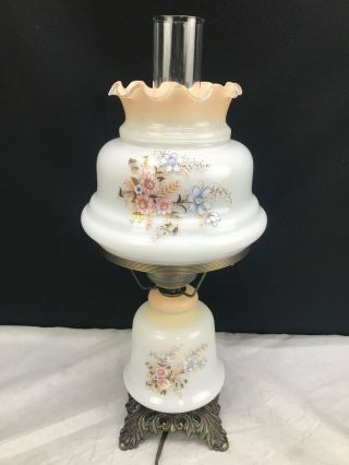 Vintage Hurricane Table Boudior Lamp Blue Pink Gold Floral 19” Inches 3 Way