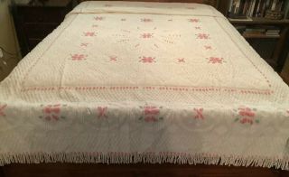 Vintage White Chenille Bedspread Pink Flowers Cotton W/ Fringe