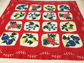Vintage Simtex Table Cloth Fruit Squares Red Blue Yellow Green Cotton 44x48 T11
