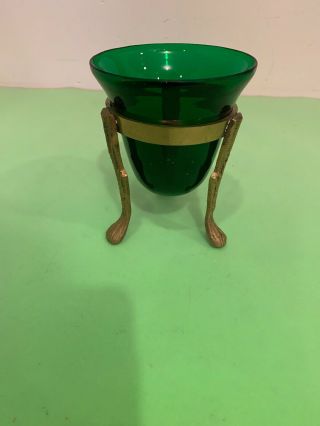 Vintage Round Green Glass Votive Tea Light Candle Holder With Three Brass Legs