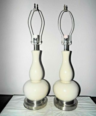 Lamps Pair 29 " H Hotel Style 3 - Way White Crackled Porcelain & Chrome Table Lamps