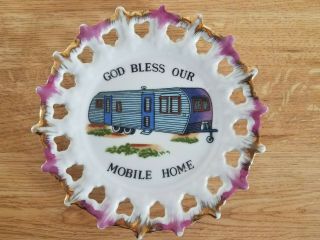 Vintage 1950s God Bless Our Mobile Home Wall Hanging Plate Pink Gold Canned Ham