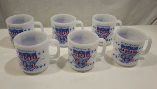 6 Glasbake Milk Glass Coffee Cup Mugs American Flag /bicentennial Red White Blue