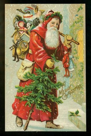 Old World Santa Claus In Long Robe W.  Tree & Toys Antique Christmas Postcard - C708