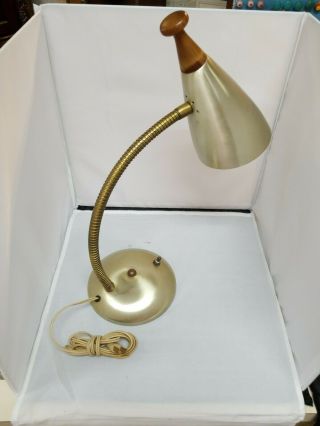 Vtg Gold Mid Century Modern Retro Metal Bendable Table Desk Lamp Light Cone Wood