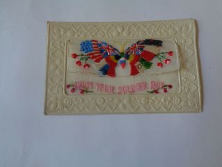 Wwi Embroidered Silk Butterfly Antique Postcard From Your Soldier Boy