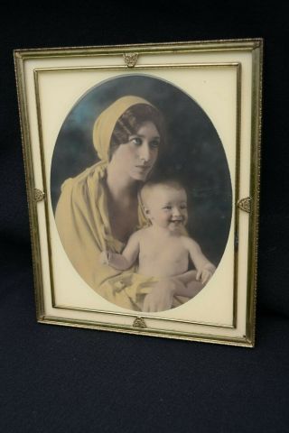 Antique Reverse - Painted Frame W Hand - Tinted Photograph Of Mother And Child