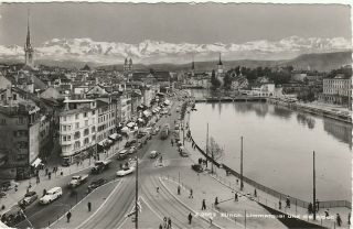 Old Postcard Of Zurich,  Limmatquai,  The River Limmat And Alps 1952