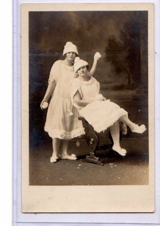 Studio Real Photo Postcard Rppc - Two Women In Snow Outfits Holding Snowballs