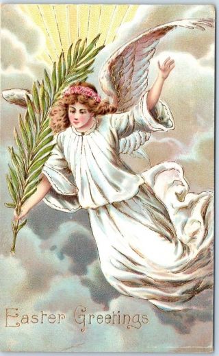 Vintage Angel Embossed Postcard " Easter Greetings " Palm Frond 1909 In Cancel