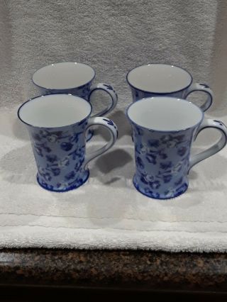 Set Of 4 Harry And David Blue Floral 12 Oz.  Coffee Mug Tea Cup