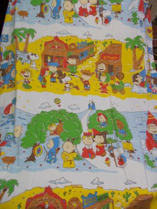 Vtg Charlie Brown & The Whole Gang Twin Flat Bed Sheet - 4 Scenes - Western/moon/map