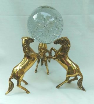 Vtg Brass 3 Horses Brass Display Stand With Gazing Crystal Ball