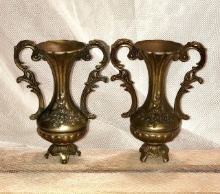 Set Of 2 Vintage Italian Brass Ornate Urn Bud Vase Made In Italy Footed Pair 5 "