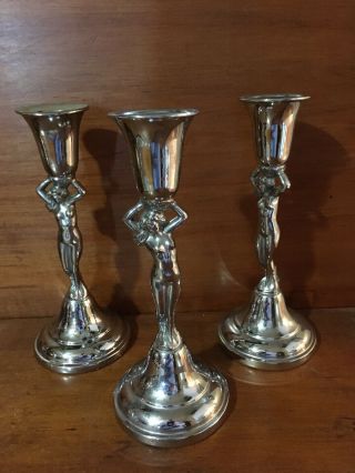 Farber Brothers Krome Kraft Art Deco Style Nude Lady Candlestick Holders 3