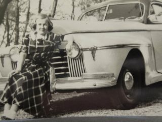 Small Vintage 1950 Black & White Photo Girl In Plaid Dress On Automobile Bumper