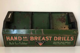 Antique Hand And Breast Hand Drills,  Millers Falls Advertising Shelf Box Display
