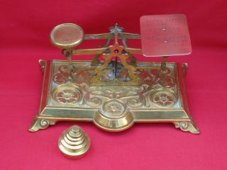 Brass Antique Letter Scales / Postal Balance & Weights.  Postage Rates On Pan