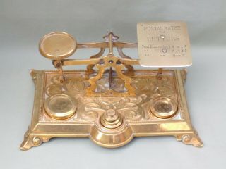 BRASS ANTIQUE LETTER SCALES / POSTAL BALANCE & WEIGHTS.  POSTAGE RATES ON PAN 2