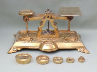 BRASS ANTIQUE LETTER SCALES / POSTAL BALANCE & WEIGHTS.  POSTAGE RATES ON PAN 3