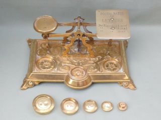 BRASS ANTIQUE LETTER SCALES / POSTAL BALANCE & WEIGHTS.  POSTAGE RATES ON PAN 8