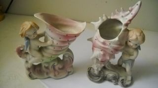 Vintage Occupied Japan Bisque Cherub Angel Shell Vases Figurines 6 "