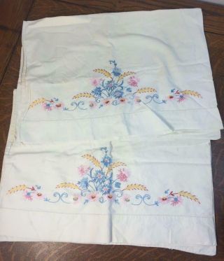 Vintage Hand Embroidered Pillow Case Set Of 2 Pink And Blue Flowers Floral Pair