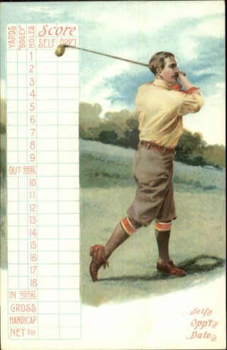 Man Golfing Golf Backswing Scorecard On Front C1910 Postcard