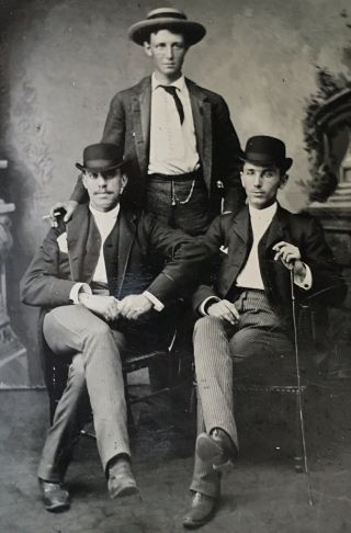 Antique American Three Fabulous Young Men Pose Cigars & Cane Photo Gay Interest